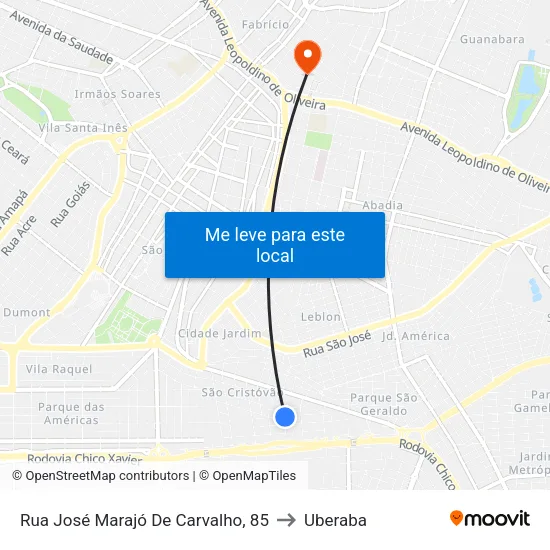 Rua José Marajó De Carvalho, 85 to Uberaba map