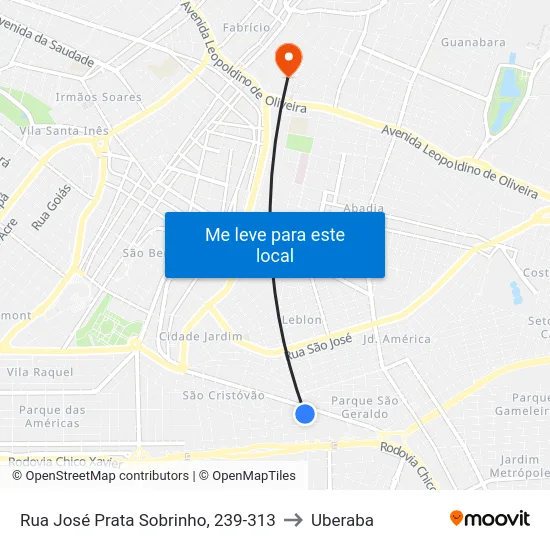 Rua José Prata Sobrinho, 239-313 to Uberaba map