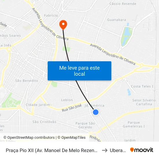 Praça Pio XII (Av. Manoel De Melo Rezende) to Uberaba map