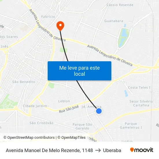Avenida Manoel De Melo Rezende, 1148 to Uberaba map