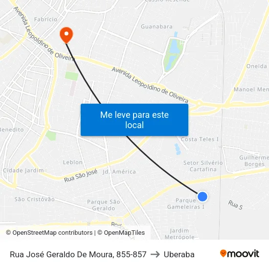 Rua José Geraldo De Moura, 855-857 to Uberaba map