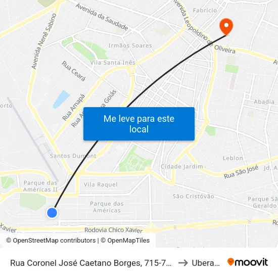 Rua Coronel José Caetano Borges, 715-729 to Uberaba map