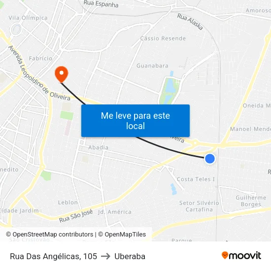 Rua Das Angélicas, 105 to Uberaba map
