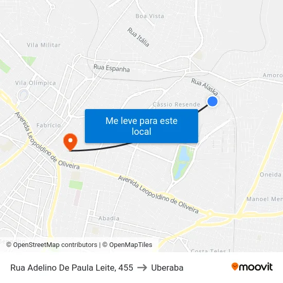 Rua Adelino De Paula Leite, 455 to Uberaba map