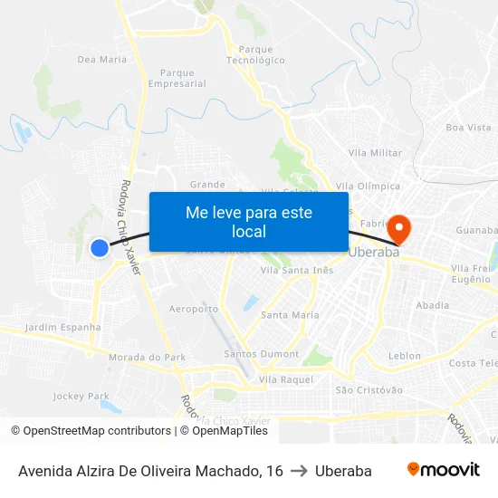 Avenida Alzira De Oliveira Machado, 16 to Uberaba map