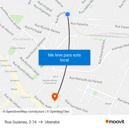 Rua Guianas, 2-74 to Uberaba map