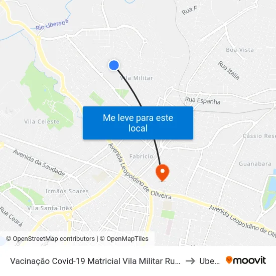 Vacinação Covid-19 Matricial Vila Militar Rua João M Borges, 99 to Uberaba map