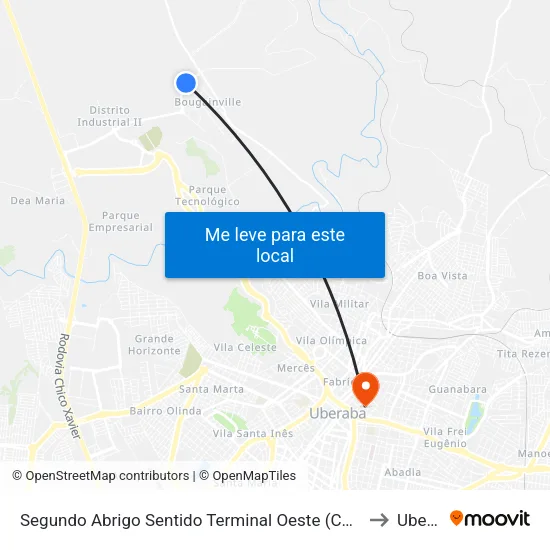 Segundo Abrigo Sentido Terminal Oeste (Chácaras Bouganville) to Uberaba map