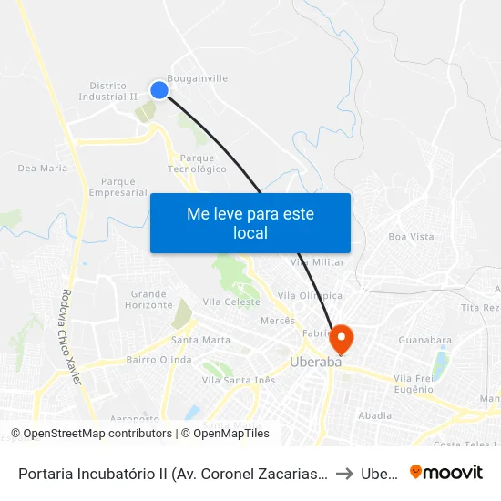 Portaria Incubatório II (Av. Coronel Zacarias Borges De Araújo) to Uberaba map