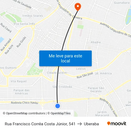 Rua Francisco Corrêa Costa Júnior, 541 to Uberaba map