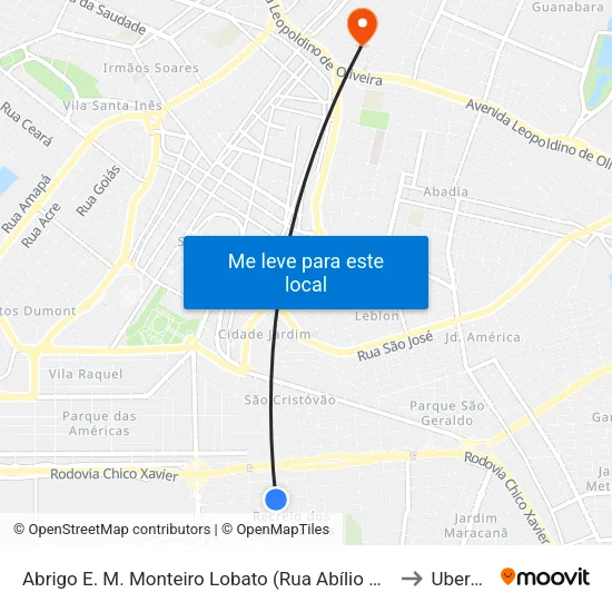 Abrigo E. M. Monteiro Lobato (Rua Abílio Monteiro) to Uberaba map