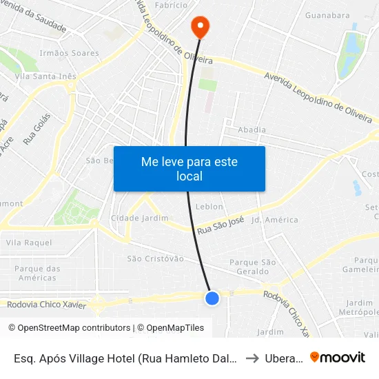 Esq. Após Village Hotel (Rua Hamleto Dalmaso) to Uberaba map
