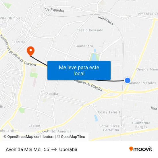 Avenida Mei Mei, 55 to Uberaba map