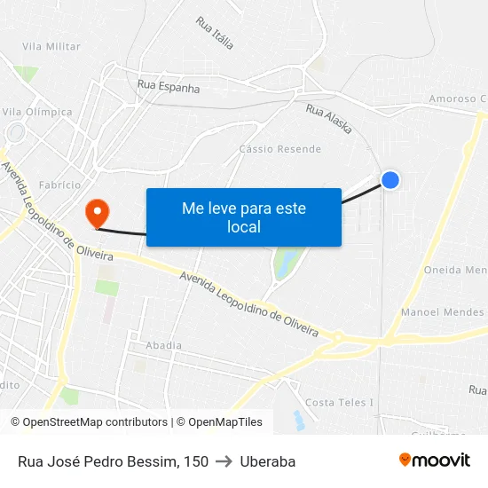 Rua José Pedro Bessim, 150 to Uberaba map