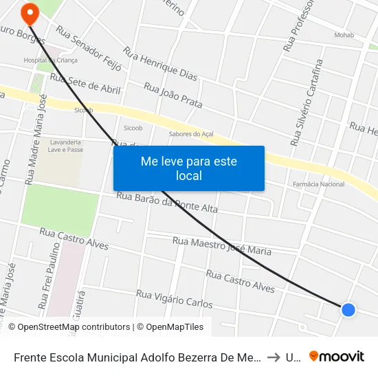 Frente Escola Municipal Adolfo Bezerra De Menezes - Sentido Terminal Leste / Jardim Califórnia (Rua Castro Alves) to Uberaba map