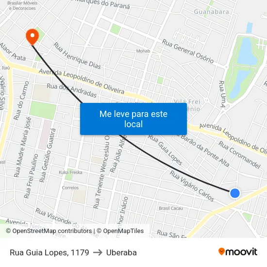 Rua Guia Lopes, 1179 to Uberaba map