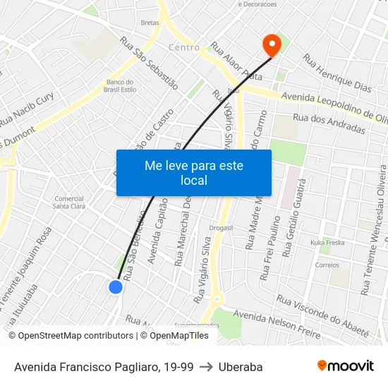 Avenida Francisco Pagliaro, 19-99 to Uberaba map