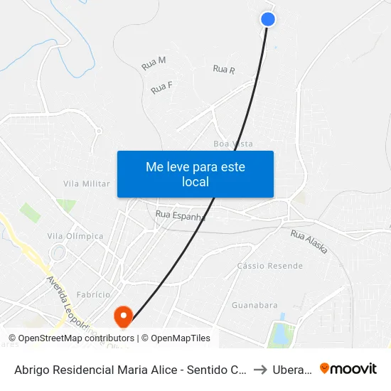Abrigo Residencial Maria Alice - Sentido Centro to Uberaba map