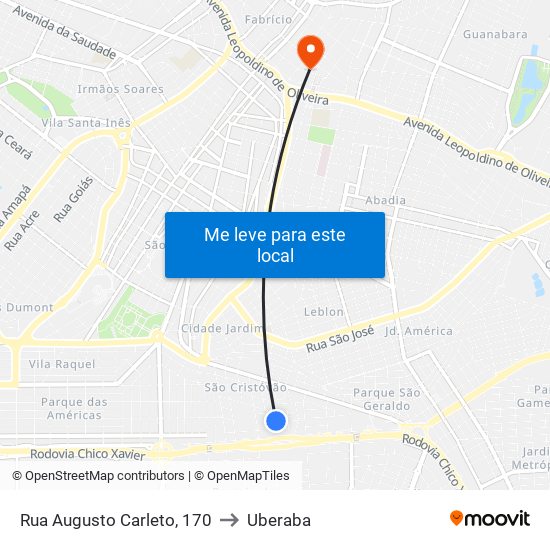 Rua Augusto Carleto, 170 to Uberaba map