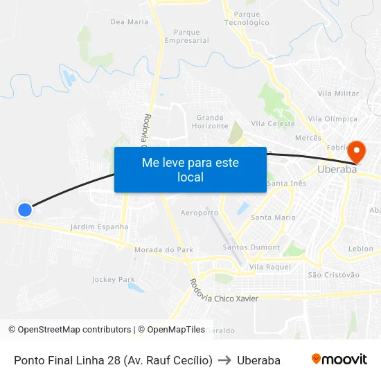 Ponto Final Linha 28 (Av. Rauf Cecílio) to Uberaba map