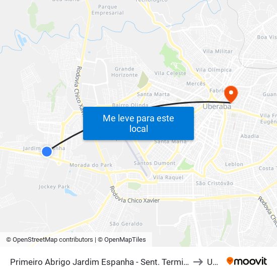 Primeiro Abrigo Jardim Espanha - Sent. Terminal Beija-Flor (Av. Vereador José Osório Guimarães) to Uberaba map