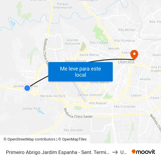 Primeiro Abrigo Jardim Espanha - Sent. Terminal Beija-Flor (Av. Vereador José Osório Guimarães) to Uberaba map