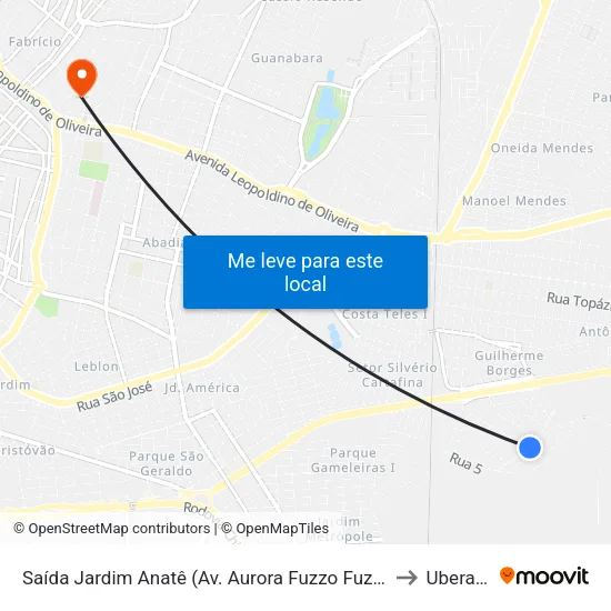Saída Jardim Anatê (Av. Aurora Fuzzo Fuzzaro) to Uberaba map