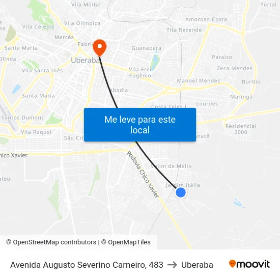 Avenida Augusto Severino Carneiro, 483 to Uberaba map