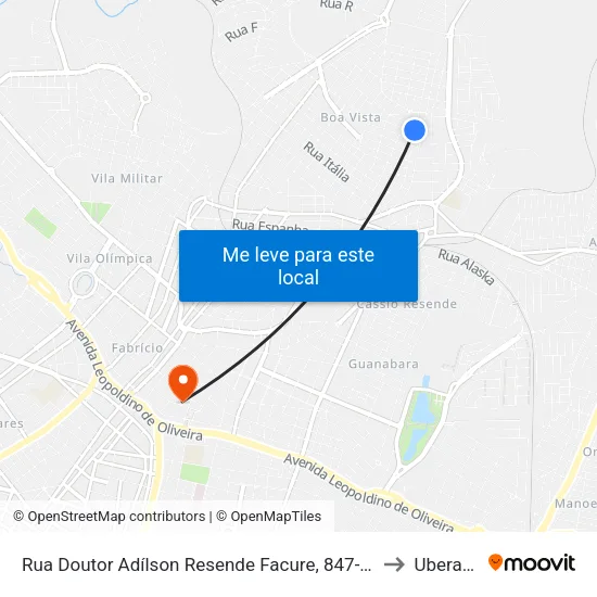 Rua Doutor Adílson Resende Facure, 847-889 to Uberaba map