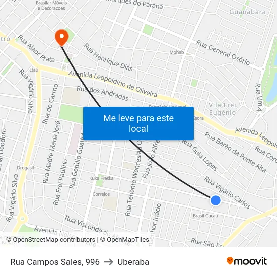 Rua Campos Sales, 996 to Uberaba map