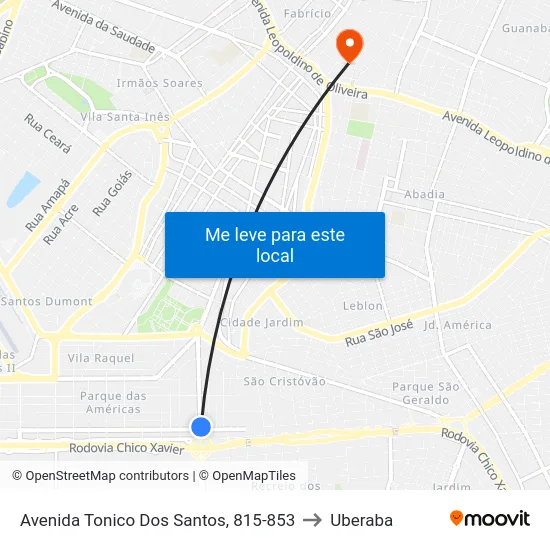 Avenida Tonico Dos Santos, 815-853 to Uberaba map
