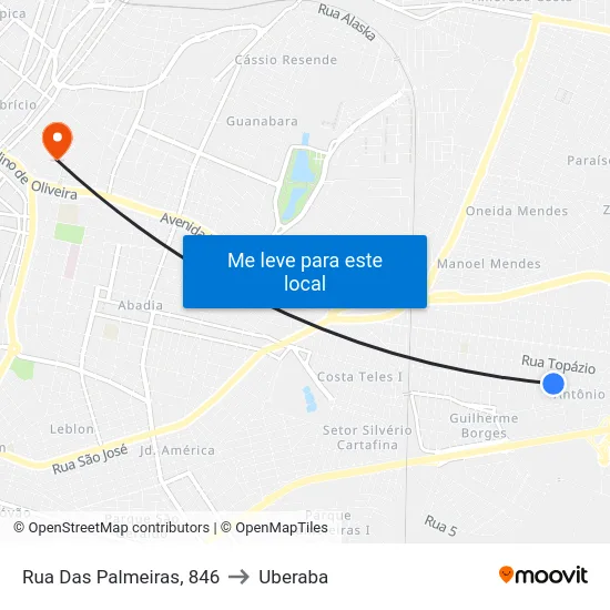 Rua Das Palmeiras, 846 to Uberaba map