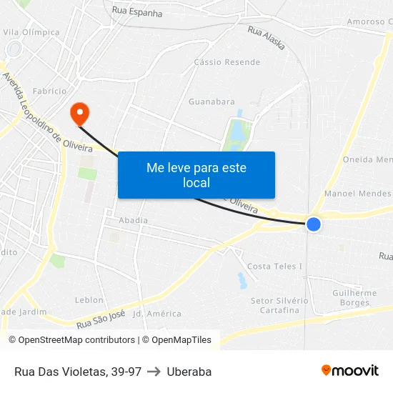 Rua Das Violetas, 39-97 to Uberaba map