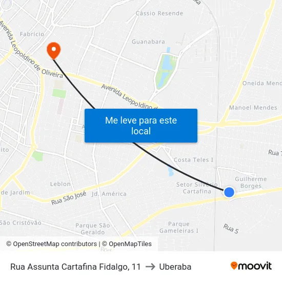 Rua Assunta Cartafina Fidalgo, 11 to Uberaba map