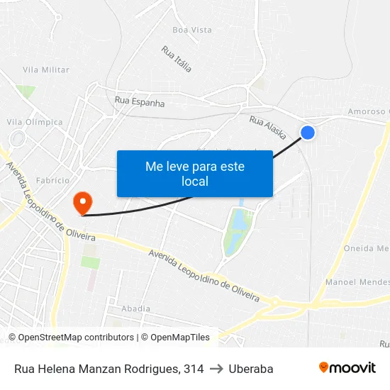 Rua Helena Manzan Rodrigues, 314 to Uberaba map