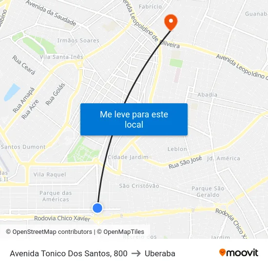 Avenida Tonico Dos Santos, 800 to Uberaba map