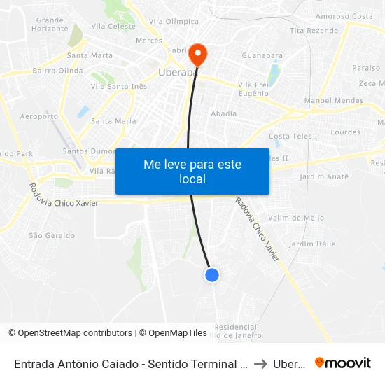 Entrada Antônio Caiado - Sentido Terminal Gameleiras to Uberaba map