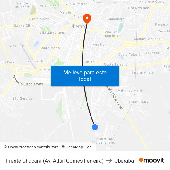 Frente Chácara (Av. Adail Gomes Ferreira) to Uberaba map
