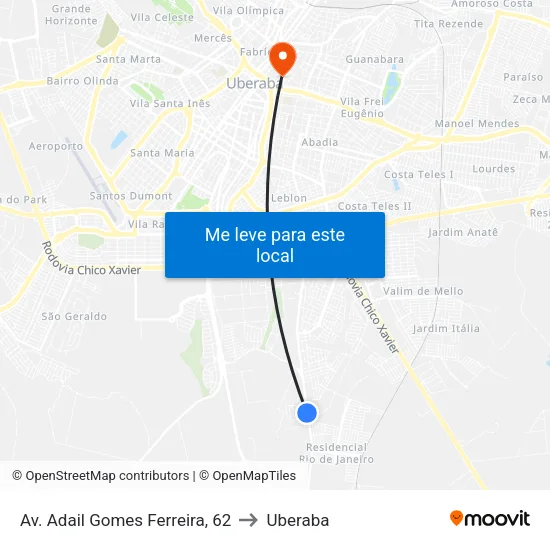 Av. Adail Gomes Ferreira, 62 to Uberaba map