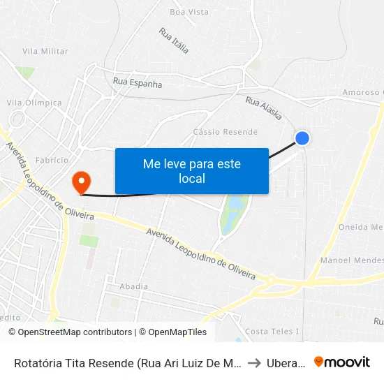 Rotatória Tita Resende (Rua Ari Luiz De Melo) to Uberaba map