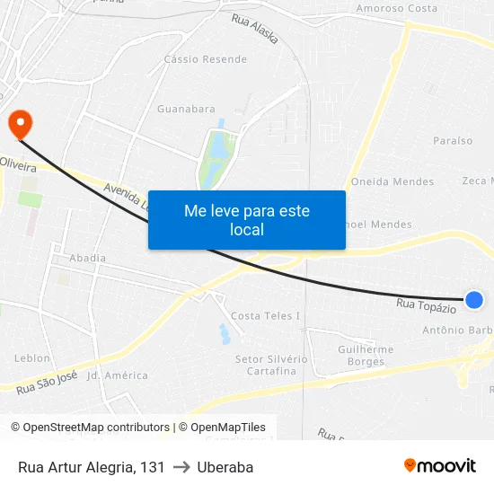Rua Artur Alegria, 131 to Uberaba map