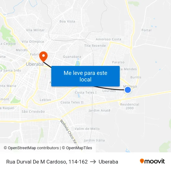 Rua Durval De M Cardoso, 114-162 to Uberaba map