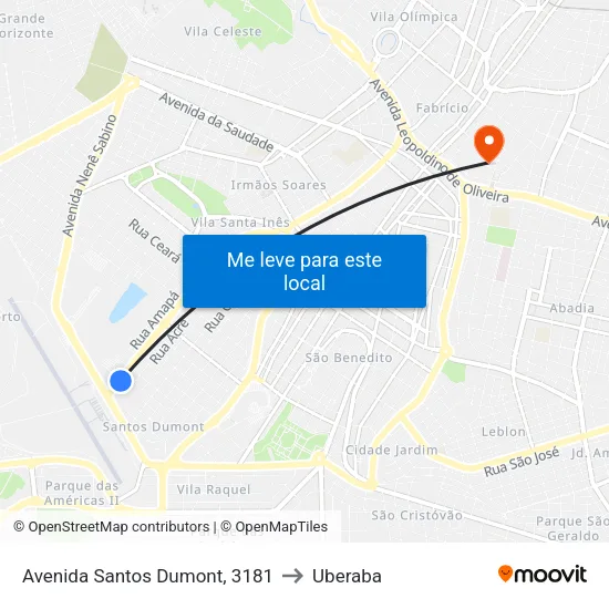 Avenida Santos Dumont, 3181 to Uberaba map