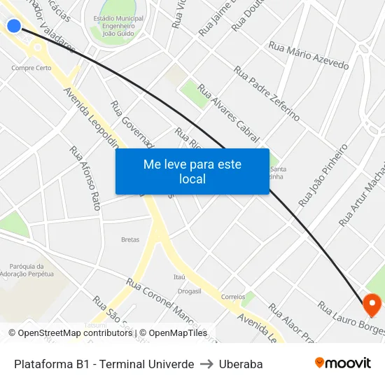 Plataforma B1 - Terminal Univerde to Uberaba map