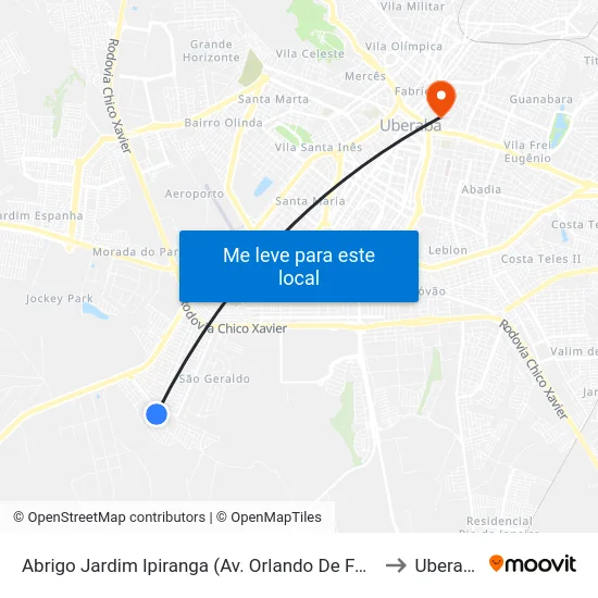Abrigo Jardim Ipiranga (Av. Orlando De Faria) to Uberaba map