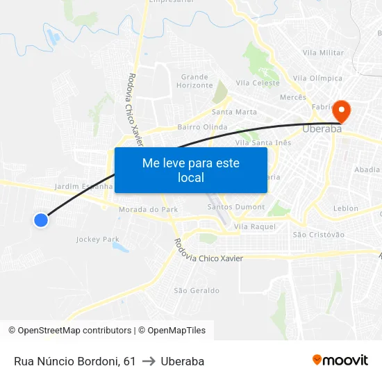 Rua Núncio Bordoni, 61 to Uberaba map