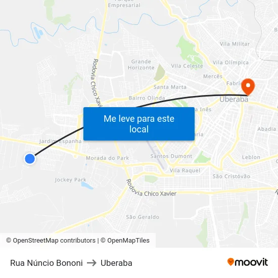 Rua Núncio Bononi to Uberaba map
