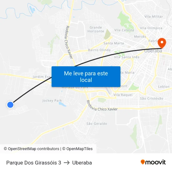 Parque Dos Girassóis 3 to Uberaba map