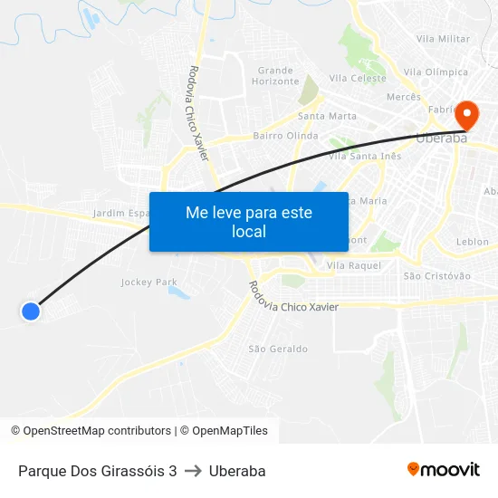 Parque Dos Girassóis 3 to Uberaba map