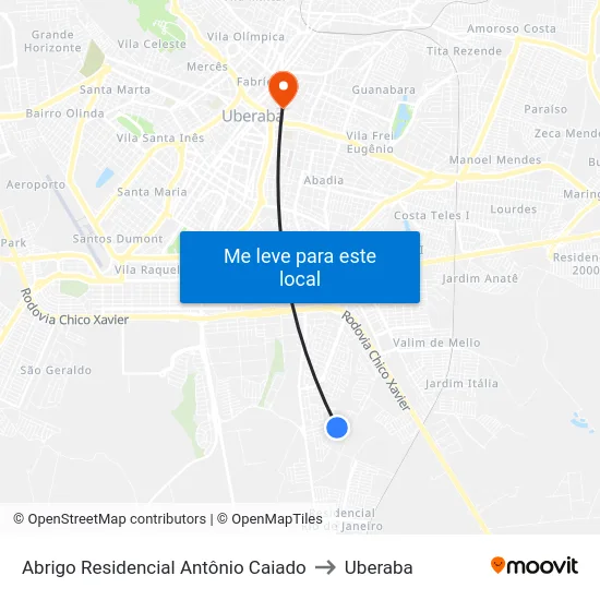 Abrigo Residencial Antônio Caiado to Uberaba map